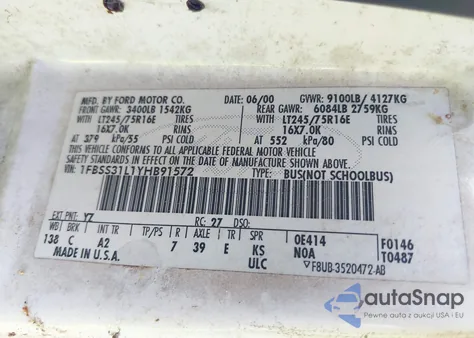 2000 Ford E-350 Super Duty Xl/Xlt из США, поврежденный, VIN 1FBSS31L1YHB91572